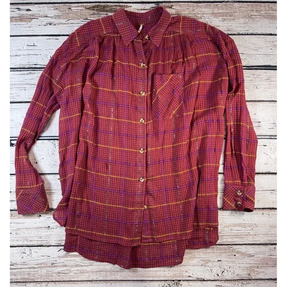 Free People Break My Stride Plaid Tunic Top Size Small Red Long Sleeve Oversized